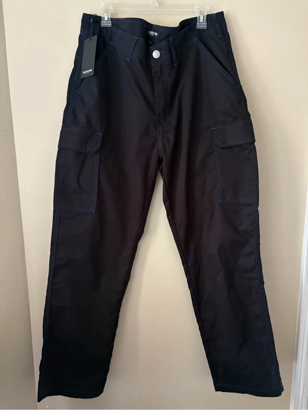 True Religion Black Cargo Pants with Blue Stitching Sz. 36 New